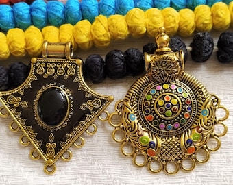 Antique Gold Tone Metal Pendants, Ethnic Folk Necklace Pendants, Indian Tribal Jewelry Supplies  - set of 2