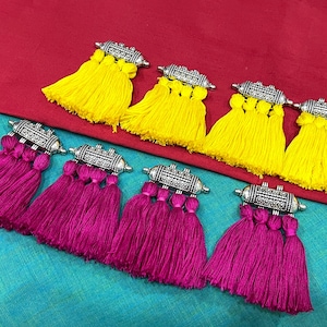 Antique Silver Tone Metal Pendant, Indian Ethnic Necklace Pendant with Tassels, Tribal Jewelry Supplies, Bohemian Jewelry Tassels - 8 pcs