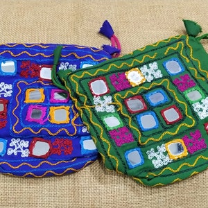 Indian Embroidered Ethnic Bag , Fabric Pouch, Drawstring Jewelry Bag, Indian Pouch with Mirrors, Goodie Bag - Assorted 2 pcs