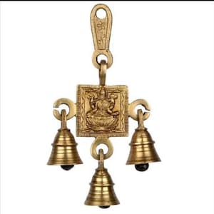 Indian Goddess Lakshmi Brass Wall Hanging with three Bells - Goddess of Wealth, Home Office Decor - 1 pc