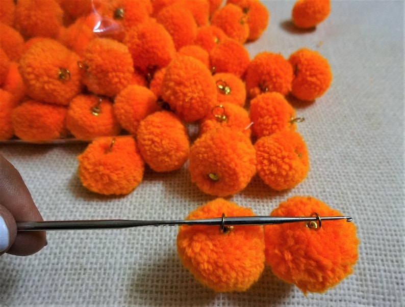 Woolen Pom Poms Handmade Pom Poms Balls with Wire Hook Craft and Decoration Supply -40 pcs Orange with hook n cap Yarn Balls