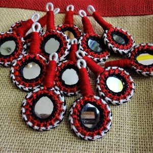 Appliques, Mirror Appliques, Kutch Hand Embroidered Appliques, Decorative Appliques, Banjara Appliques, Indian Mirror Tassels - Red 8 pcs