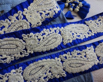 Indian Lace, Decorative Trimmings, Sari Border, Floral Sewing Supply, Embroidered Blue Silk Trim, DIY Boho Ribbon - per yard
