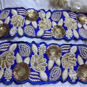 3インチインド刺繍レース、幅広カットワークトリム、卸売クラフトリボン、サリーボーダー、装飾縫製用品、ブルー生地レース - 1メートル