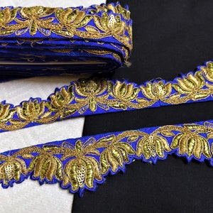 Royal Blue Geborduurde snijwerk trim Crafting stof kant Gouden zari sari grens Indiase bruids naaien kant Designer Groothandel trim - 2 mtrs