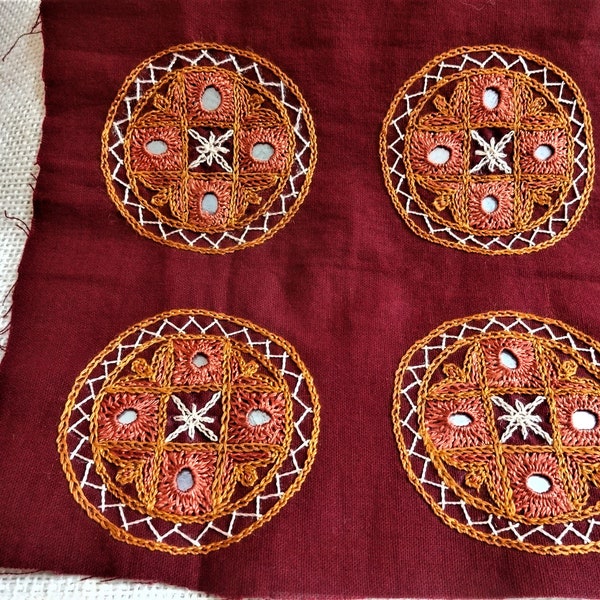Kutch Hand Embroidered Multi Colored Round Ethnic Sew On Patch with Mirrors,Kutch Appliques,Sewing supply - 5 pcs