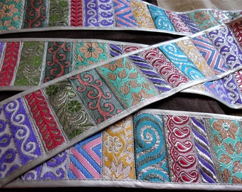 Indian Patch Embroidered Lace, Handmade Trim, Sari Border, Broad Fabric Lace, Zari Lace - one yard patch work lace - silver 7