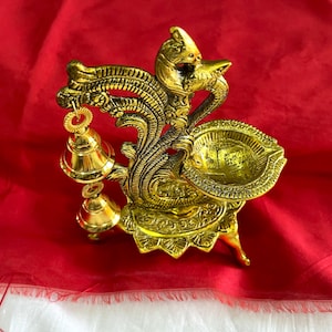 Peacock Oil Diya with Bells, Traditional Indian Pooja Lamp, Temple Decor & Spiritual Gift Home Office Decor, Diwali Decoration - 1 pc