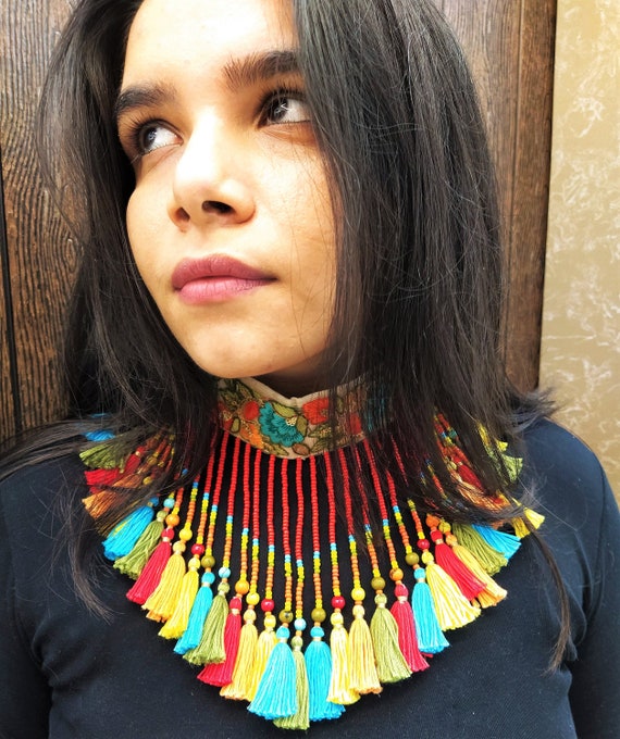 Indian Handmade Fabric Jewelry Ethnic Tribal Fringe Necklace | Etsy