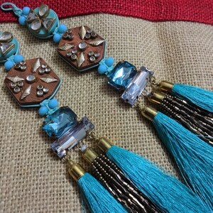 Tassels, Wooden Button Tassels, Ethnic Tassels, Decorative Tassels, Silk Tassels, Indian Tassels, Kundan Work Tassels - One pair Teal