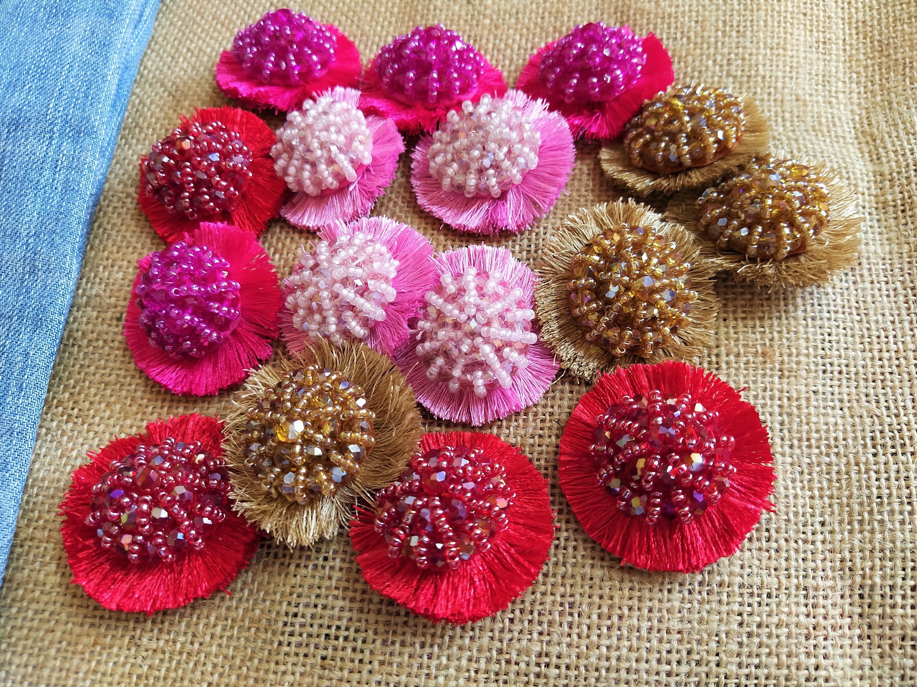 Beaded Appliques, Embroidered Ethnic Indian Sew on Buttons , Decorative Craft supplies, Shank Back Buttons, Sewing Buttons - 4 pcs