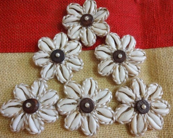 Cowry Shell Flower Motifs, Cowry Shell Rosettes, Indian Jute Flowers, Jute Thread Flower Motifs with Cowrie shells - Set of 5