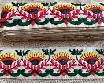 Indian Lace, Embroidered Floral Decorative Trim, Ethnic Sari Border, Fabric Lace, Indian Textiles, Crafting Sewing Ribbon - 2 yards Red