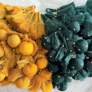 Indian Cotton Tassels, Embellishment, Long Tassels, Decorative Tassels, Fabric Ball Tassels, Sari Blouse Latkans - set of 2 Dark Green