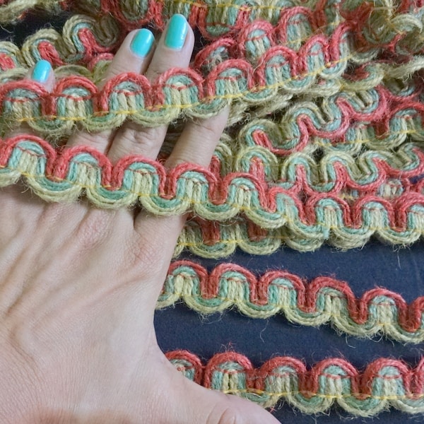 Naturalna ręcznie przędzona juta, lamówka / koronka, indyjska wstążka jutowa, koronka jutowa - trójkolorowa - 3 jardy