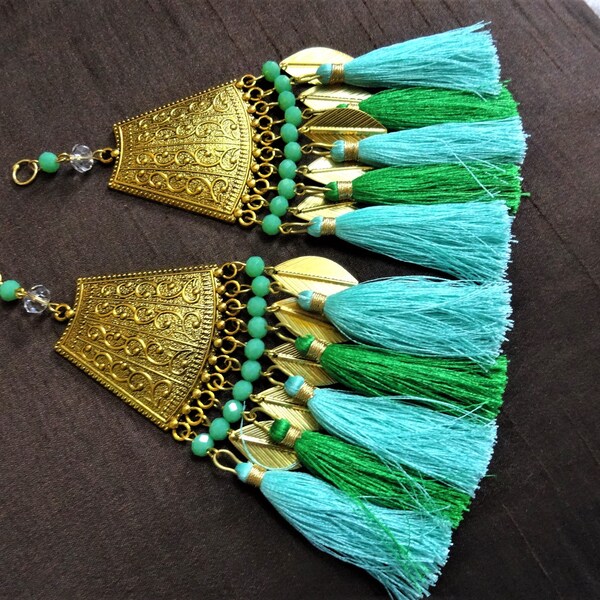 Tassels, Metal Pendant Tassels, Ethnic Tassels, Decorative Tassels, Silk Tassels, Indian Tassels, Metal Charm Tassels - 2 pcs Teal green