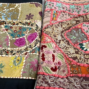 Camino de mesa tradicional indio, tela de patchwork con ribete de zari bordado, telas de encaje, textiles indios, decoración bohemia, artículos de costura, decoración del hogar