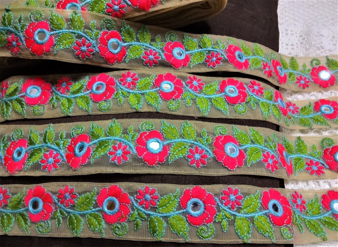 Indian Trim, Indian Embroidered Lace, Handmade Trim, Saree Border, Net