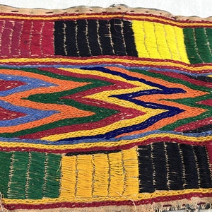 May include: A colorful woven fabric with a geometric pattern. The fabric is made of different colored threads, including red, green, blue, yellow, and orange. The fabric is woven in a way that creates a chevron pattern.