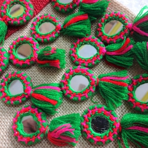 Indian Appliques, Mirror Appliques, Kutch Hand Embroidered Appliques, Decorative Appliques, Banjara Appliques, Woolen Tassels - Green 4 pcs