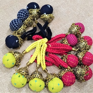 Tassels, Fabric Ball Tassels with Indian Jhumka, Decorative Ethnic Tassels, Indian Sari Latkans - 4 pcs Select color ( Red, Yellow, Black)
