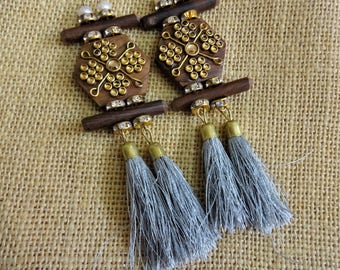 Tassels, Wooden Button Tassels, Ethnic Tassels, Decorative Tassels, Grey Tassels, Indian Tassels, Kundan Work Tassels - set of 2