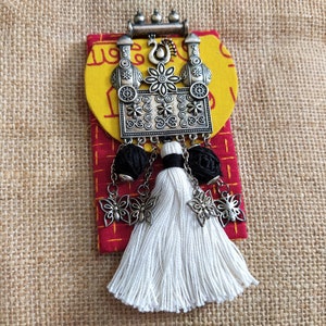 Fabric Jewelry, Metal & Thread Ethnic pendant, Jewelry Supplies, Metal Pendant with Tassel and Charms, Necklace Pendant - 1 pc
