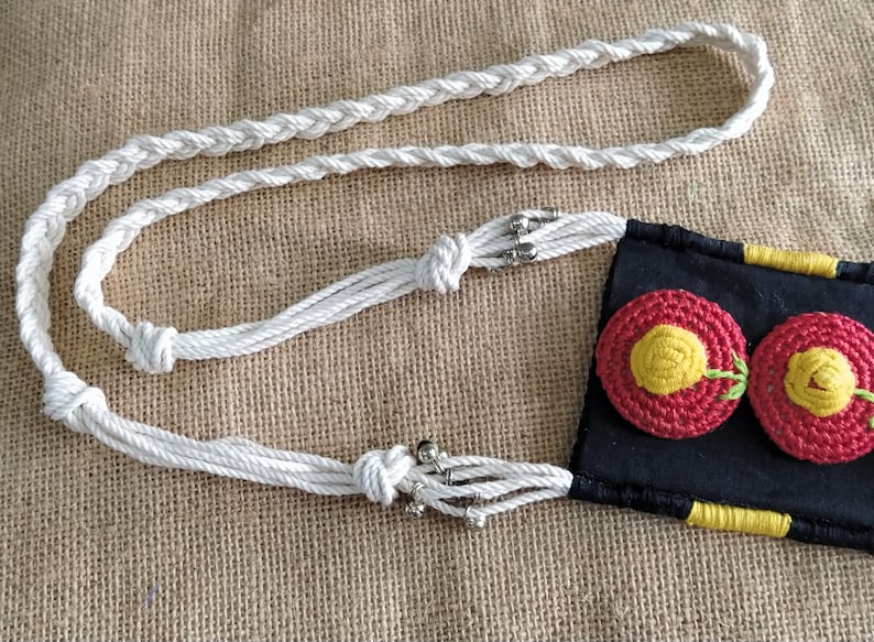 Black Tassel Bell Necklace Ethnic Necklace Indian Fabric Necklace with Crochet Appliques Boho gypsy Textile Jewelry Indian Jewelry