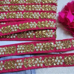 Indian Trim Embroidered Zari Lace Decorative Sewing Kundan Sari Border Pink Fabric Bridal Lace Craft Ribbon Embellishment DIY - 2 meters