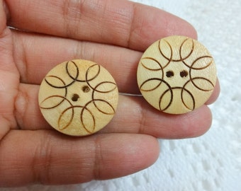 25 mm Wood Buttons, Natural Wood Large Buttons with Two Holes, Indian Sewing Buttons, Craft Supplies - 30 pcs