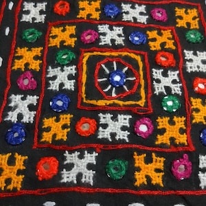 Applique, Indian Kutch Hand Embroidered Multi Colored Square Ethnic Sew on Patch with Mirrors, Indian Textiles - 1 PC