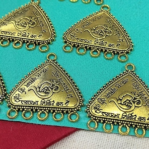 Antique Gold Metal Pendants, Ethnic OM Necklace Pendants, Tribal Jewelry Supplies, Pendant Connectors - set of 8