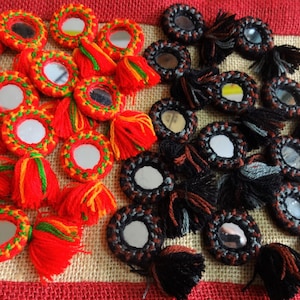 Appliques, Mirror Appliques, Kutch Hand Embroidered Appliques, Decorative Appliques, Woolen Tassels, Indian Tassels - Black 5 pcs