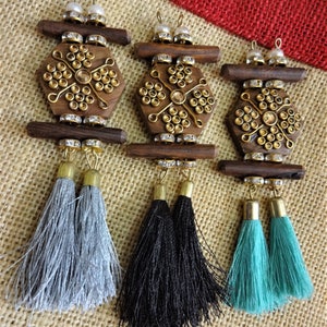 Quasten, Holz Knopf Quasten, ethnische Quasten, dekorative Quasten, schwarze Quasten, indische Quasten, Kundan Arbeit Quasten - Satz von 2