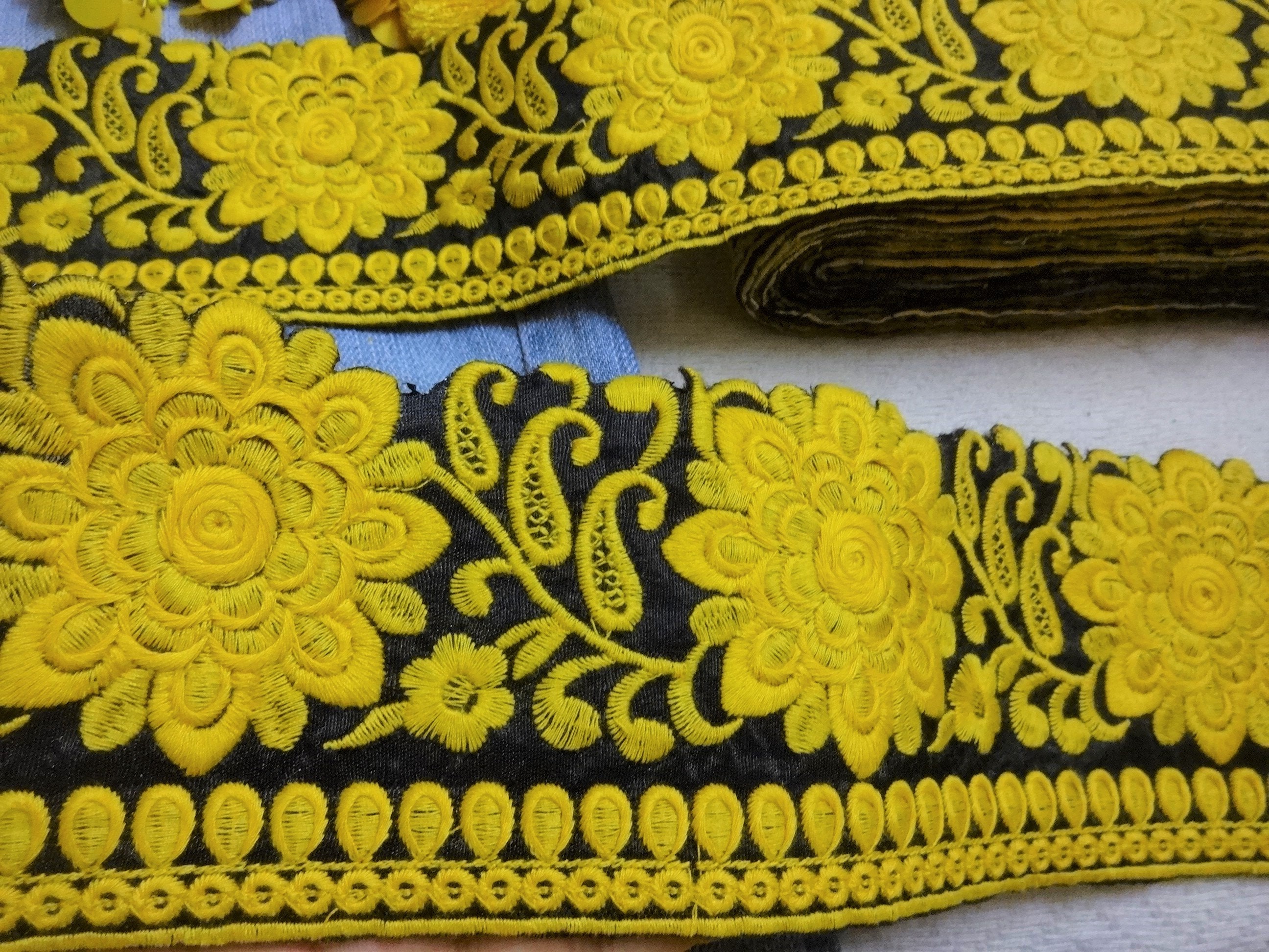 Mustard Ruffle Trim Mustard Yellow Embroidered Cutwork Trim, Crafting Fabric Lace, Floral ...