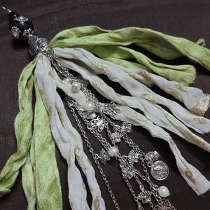 Handmade Tassel, Sari Silk Tassel, Chain Tassel, Indian Tassel, Fabric Tassel, Decorative Tassel, Metal Charm Tassel - Ivory