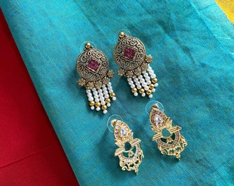 Indian Jewelry, Ethnic Earrings, Traditional Bollywood Earring, Enamel and Kundan Wedding Beaded Earrings, Gift for her - 2 pairs