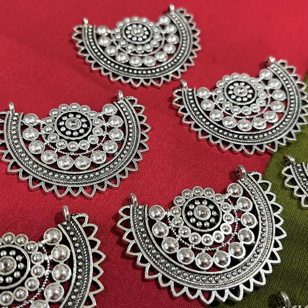 Antique Silver Tone Metal Pendants, Ethnic Necklace Pendants, Tribal Jewelry Supplies, Indian Metal Charm Connectors - set of 6