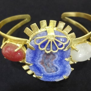 Indian Wide Cuff Bangle,Druzy Agate Bangle,Gold Plated Charming Cuff,Gold Bracelet,Agate Bracelet