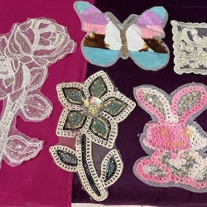 White Floral Sequin Applique, Silver Beaded Embroidery Patch, Lace Applique, Saree Blouse Embellishment, DIY Boho Sewing Supply - 8 Assorted