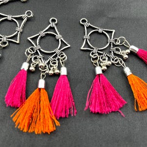 Antique Silver Tone Metal Pendant, Indian Ethnic Necklace Pendant with Tassels, Tribal Jewelry Supplies, Bohemian Pendant Charms - 2 pairs