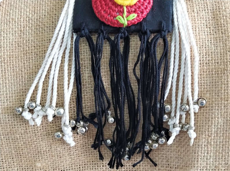 Black Tassel Bell Necklace Ethnic Necklace Indian Fabric Necklace with Crochet Appliques Boho gypsy Textile Jewelry Indian Jewelry