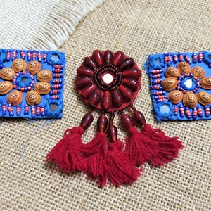 Beaded Appliques, Embroidered Ethnic Indian sew on appliques with mirror, Kutchi Appliques, Mirror Applique with Tassels - set of 3