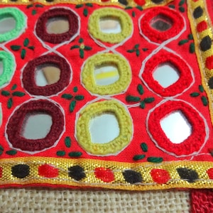 Indian Applique, Mirror Applique, Kutch Hand Embroidered Multi Colored Ethnic Sew On Patch with Mirrors - 1 PC
