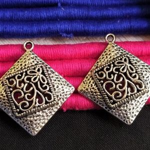 Antique Silver Tone Metal Pendants, Indian Ethnic Necklace Pendants, Tribal Jewelry Supplies, Bohemian Square Pendants - set of 4