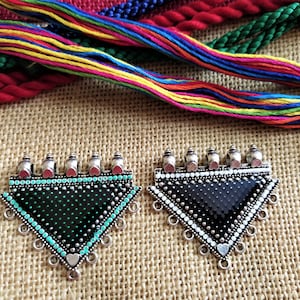 Antique Silver Tone Metal Pendants,Indian Ethnic Triangle Necklace Pendants with Meena,Tribal Jewelry Supplies,Bohemian,Connectors - 2pcs