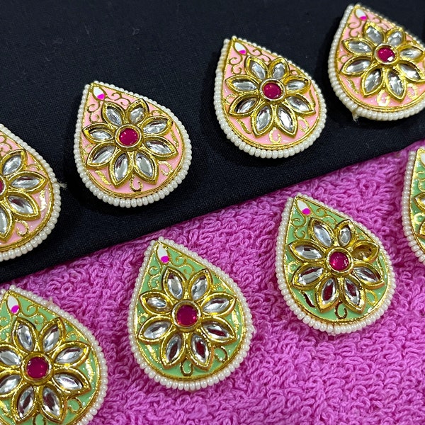 Ethnic Jewelry Connector, Metal Pendants, Indian Jewelry Supplies, Pendant with Kundan Meena work, Spacer Beads- 6 pcs choose color