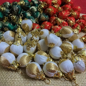Handmade Tassels, Ball Tassels, Indian Tassels, White Brocade Fabric Covered Wooden Ball Tassels, Decorative Tassels-10 pcs