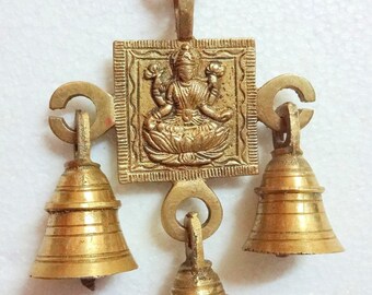 Indian Goddess Lakshmi Brass Wall Hanging with three Bells - Goddess of Wealth, Home Office Decor - 1 pc