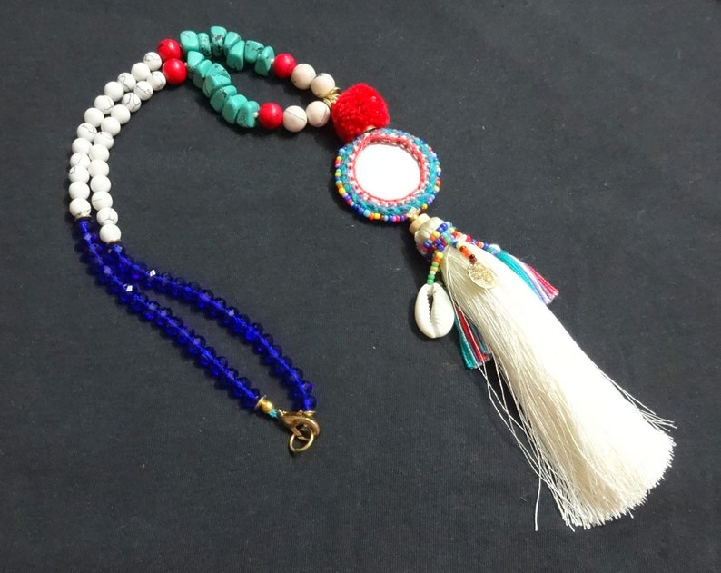 1 pc Mirror Necklace with Cowry Shell Beaded Ethnic Necklace Indian Tassel Necklace with Gemstone Beads Boho gypsy Necklace